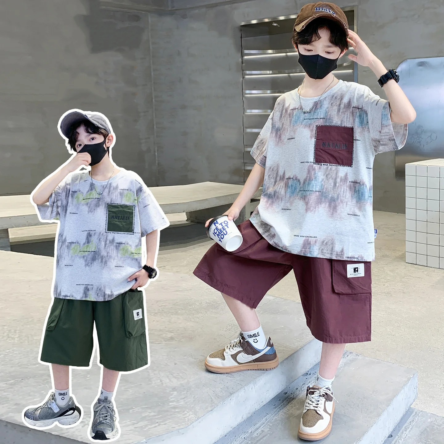Boys Summer 2 Piece Outfit Tie Dye Patch Pocket Short Sleeve T Shirt Cargo Shorts Set Teen Kids Streetwear Casual Clothing Sets