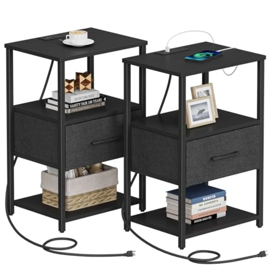 

Nightstand Set of 2 with USB Charging Station Fabric Drawer Sleek Black Finish Versatile Bedside or Living Room Side Table for