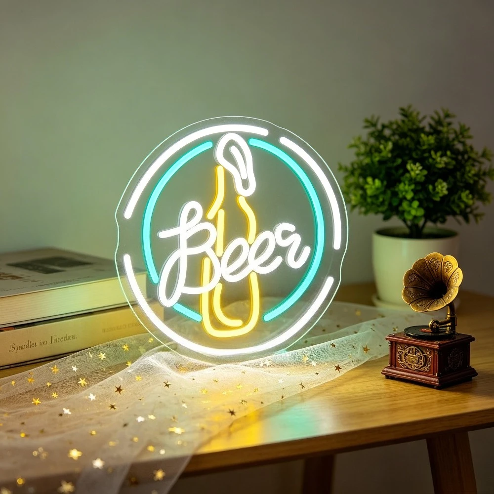 Beer Bottle Neon Sign Dimmable LED USB Wall Light Hanging for Bar Garage Men Cave Pub Home Bar Sport Zone Bachelor Party Decor
