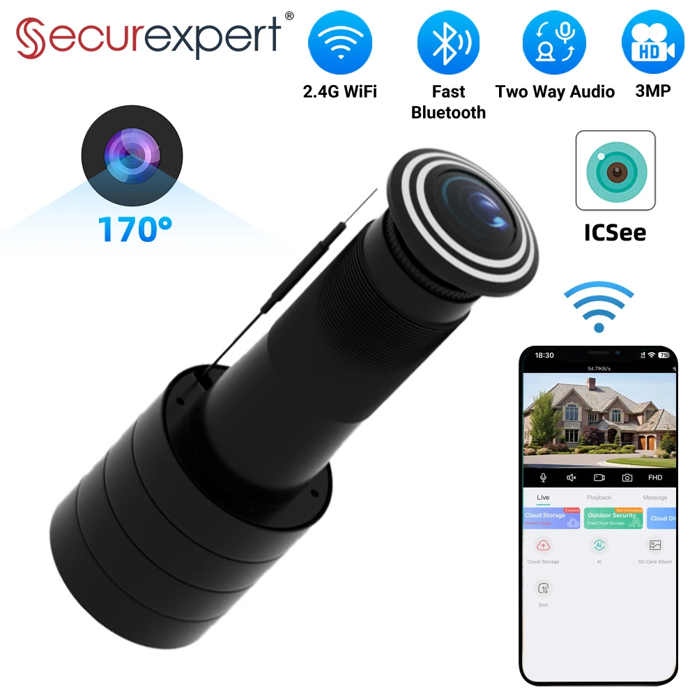 

Securexpert 3MP WiFi Peephole Camera - 170° Wide Angle, 2-Way Audio, Motion Detection, Wireless Door Viewer For Home ICSEE App