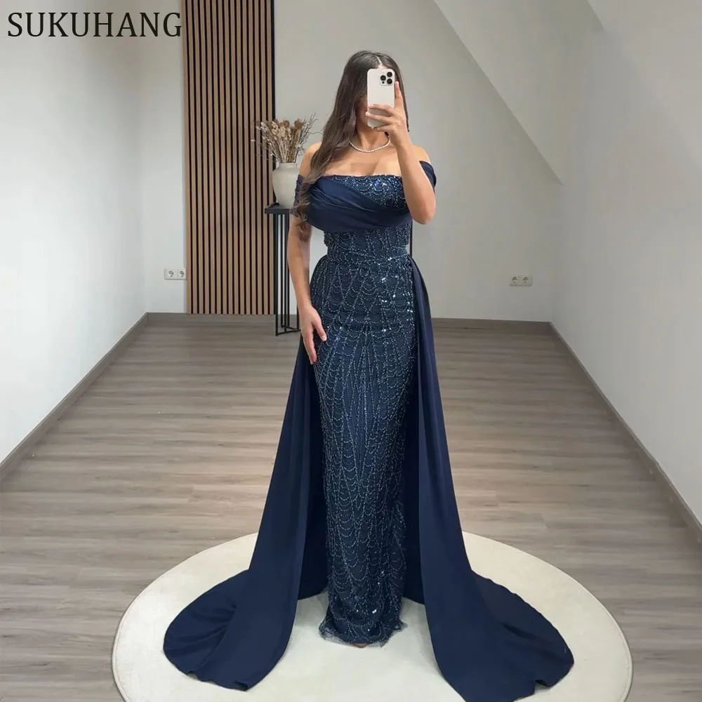 

SUKUHANG Off the Shoulder Long Mermaid Evening Dresses Beaded Heavy Dubai Prom Dresses with Skirt Customized