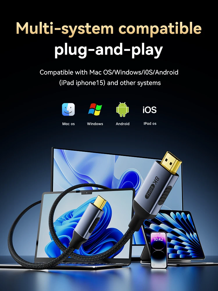 8K@60hz USB C auf HDMI Kabel Typ C auf HDMI 2.1 8K 4K@120hz 48Gbps HDR HDCP für Thunderbolt 4/3,iPhone 16/15 Pro Max Galaxy – Detail 9