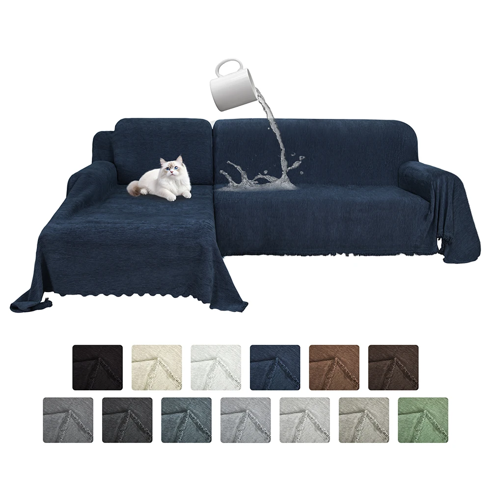 Hot Sale Navy Blue Tassel Solid Color Chenille Modern Sofa Slipcover Sectional Home Use Waterproof Elastic Stretch Washable