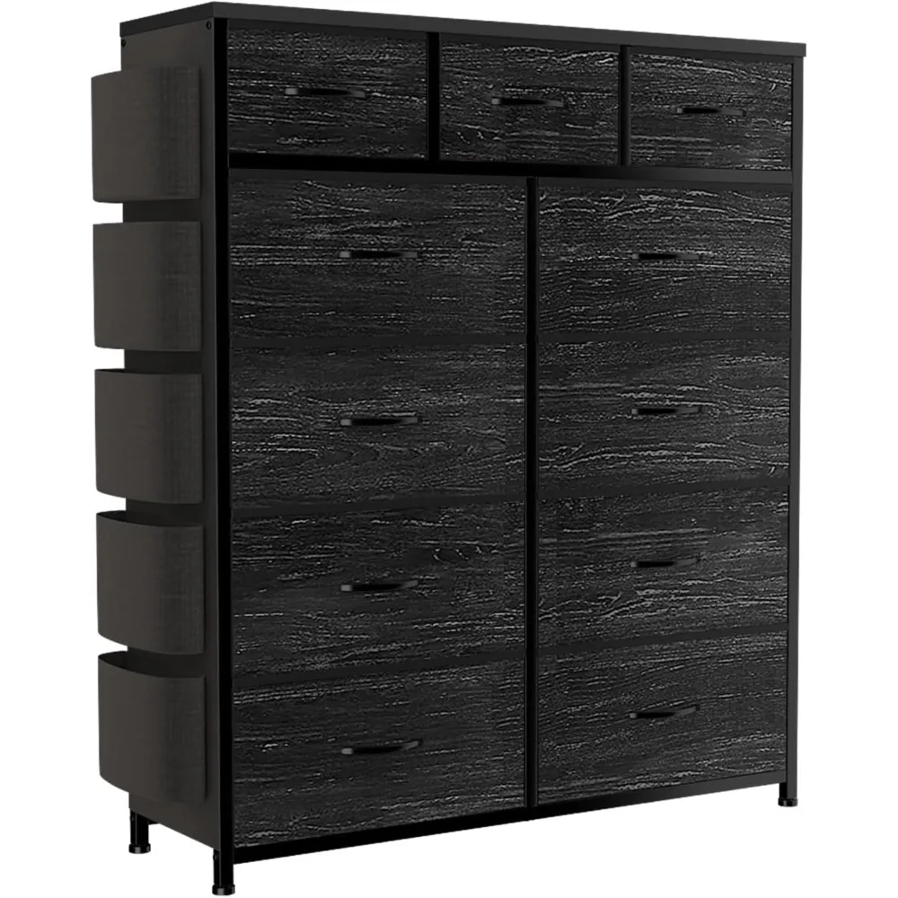 

Dresser for bedroom with 11 drawers with side pockets, hooks, steel frame, wood top, organizer and pulls for closet.