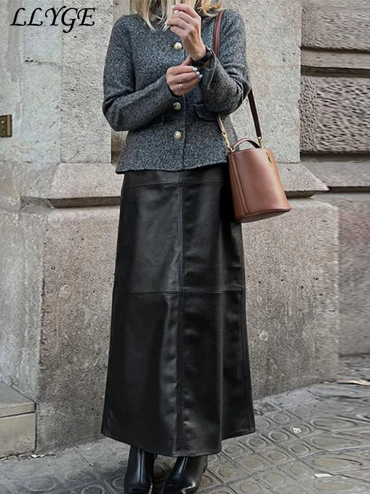 Fashion Velvet Leather Long Half Skirts Women Spliced High Waist Female A-line Skirt 2024 Autumn Lady Y2k Warm Black Streetwear