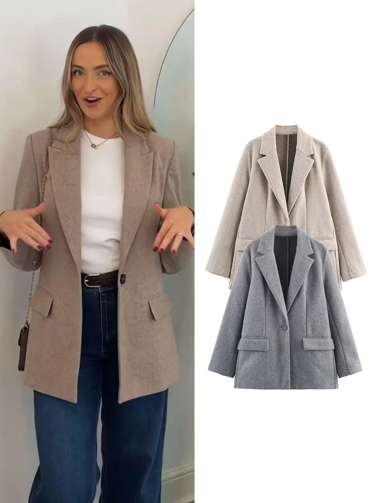 

Autumn Women Wool Blend Coat Solid Color Fashion Pocket Blazer Elegant Women's Slim Fit Single Button Office Lady Suit Tops
