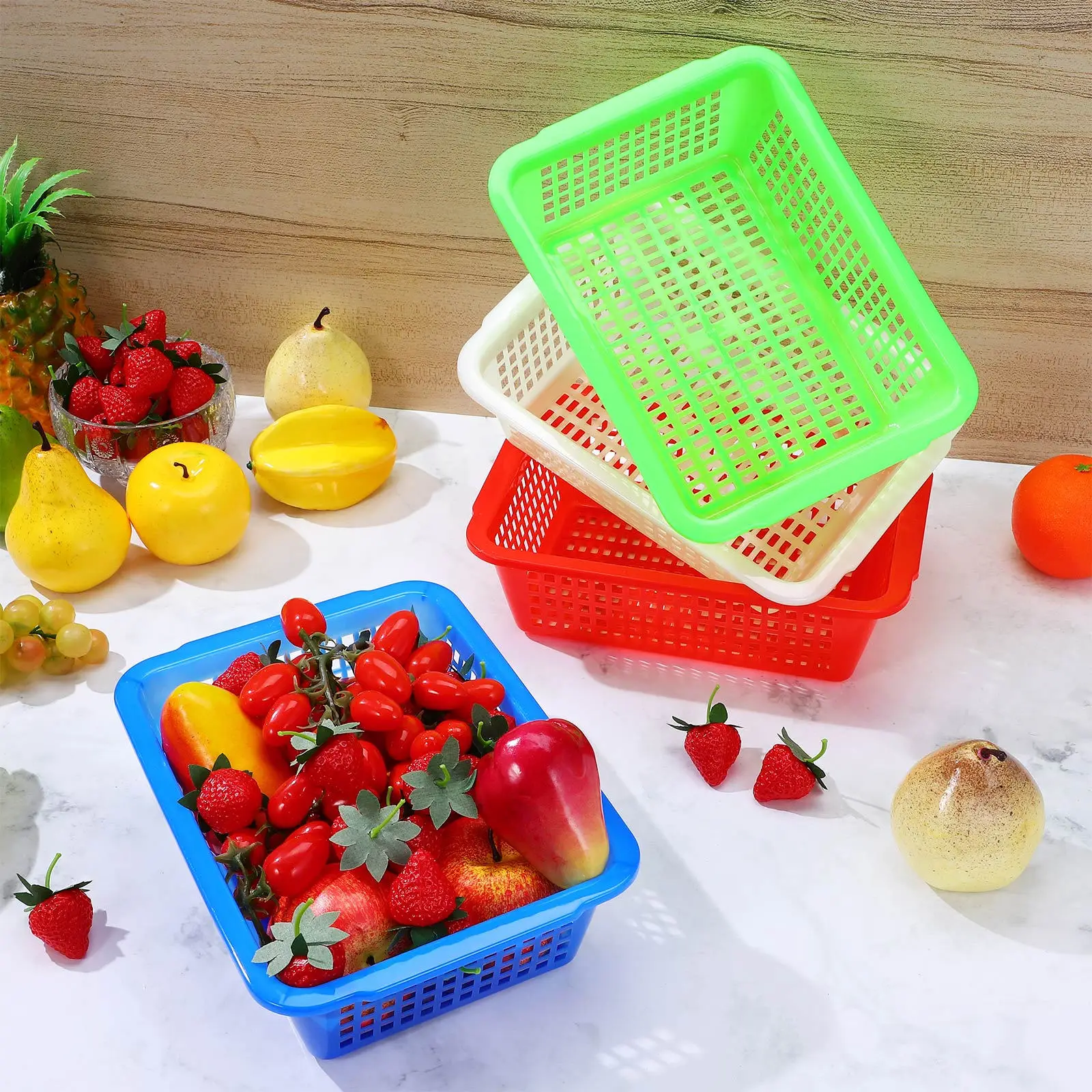 

4Pcs Drain Basket ABS Rectangular Kitchen Storage Basket Fruit Vegetable Washing Multi Function Household Organizer