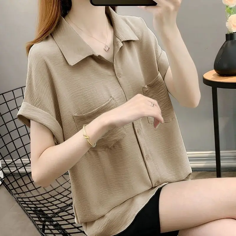 Female Clothing Commute Solid Color All-match Shirt Casual Single-breasted Summer Fashion Pockets Patchwork Polo-Neck Blouse New