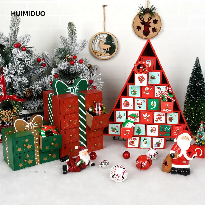 Christmas Decorations Wooden Calendar Box Colored Christmas House Countdown Plaid Ornaments Home Desktop Window Ornaments