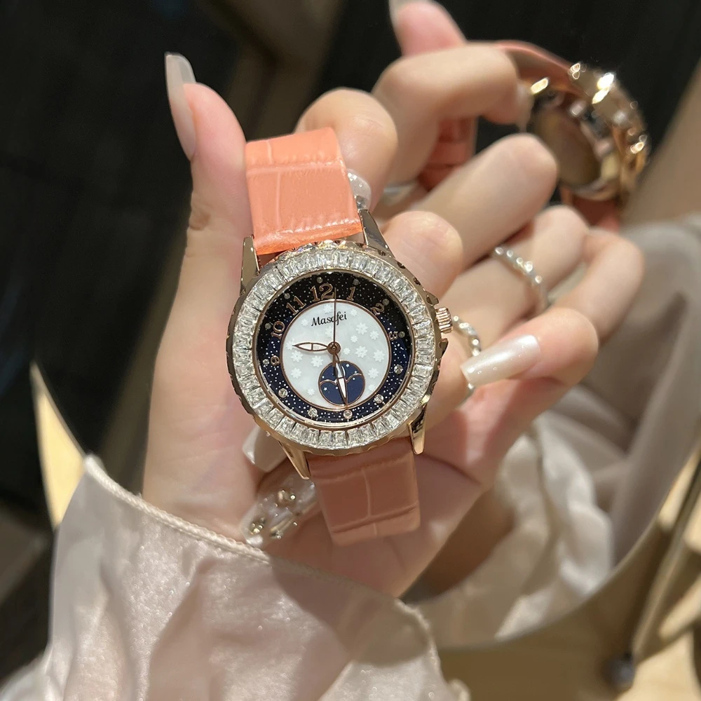 Women's Quartz Watch Night Sky Star Watches Creative Diamond-Inlaid Dial Leather Band Luminous Wristwatch Gift To Lady Clock