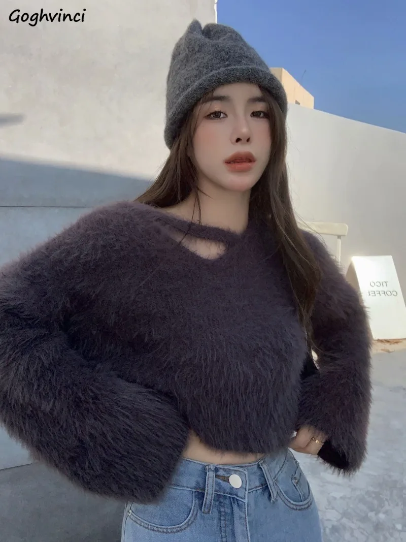 

Pullovers Women Mink-fleece Knitted All-match Cropped Autumn Winter Long Sleeve Comfortable Korean Fashion Sweaters Gentle Ins