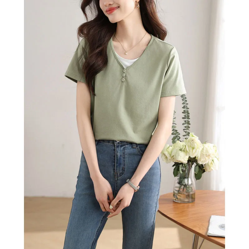 

2024 New Women's Summer V-Neck Contrast Patchwork Button Short Sleeves Fashion Loose Casual Versatile Short Sleeve T-shirt Tops