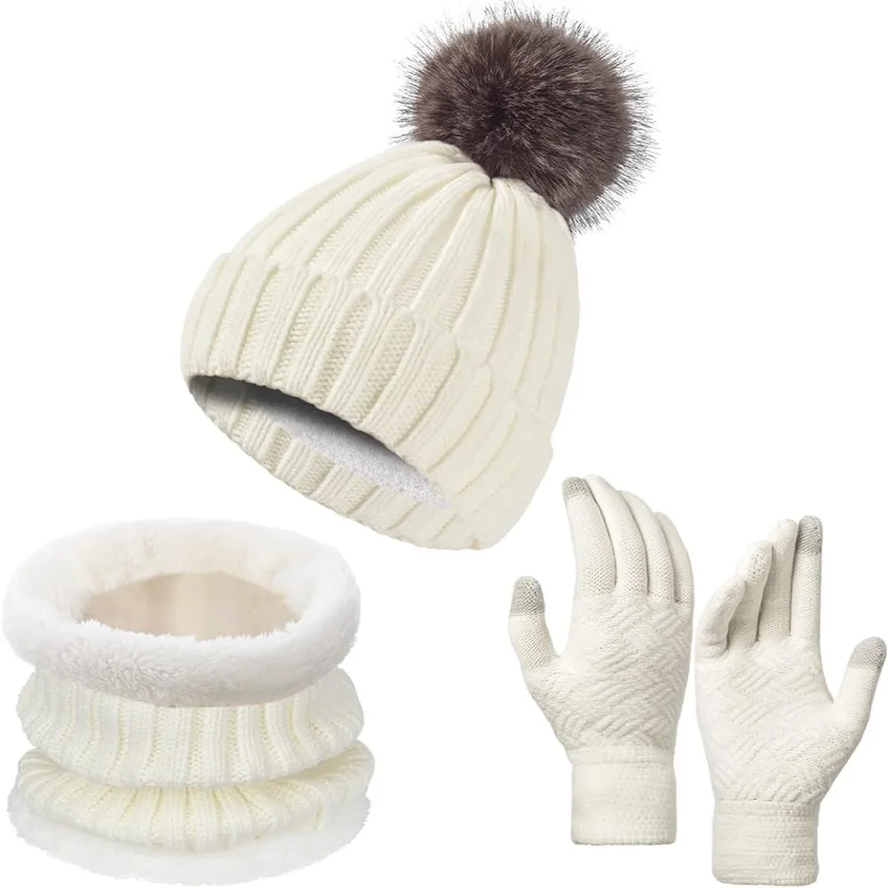 3Pcs/Set Warm Winter Hat Scarf Gloves Set Lining Thicken Knit Beanie Snood Set Elastic Windproof Scarf Neck Warmer