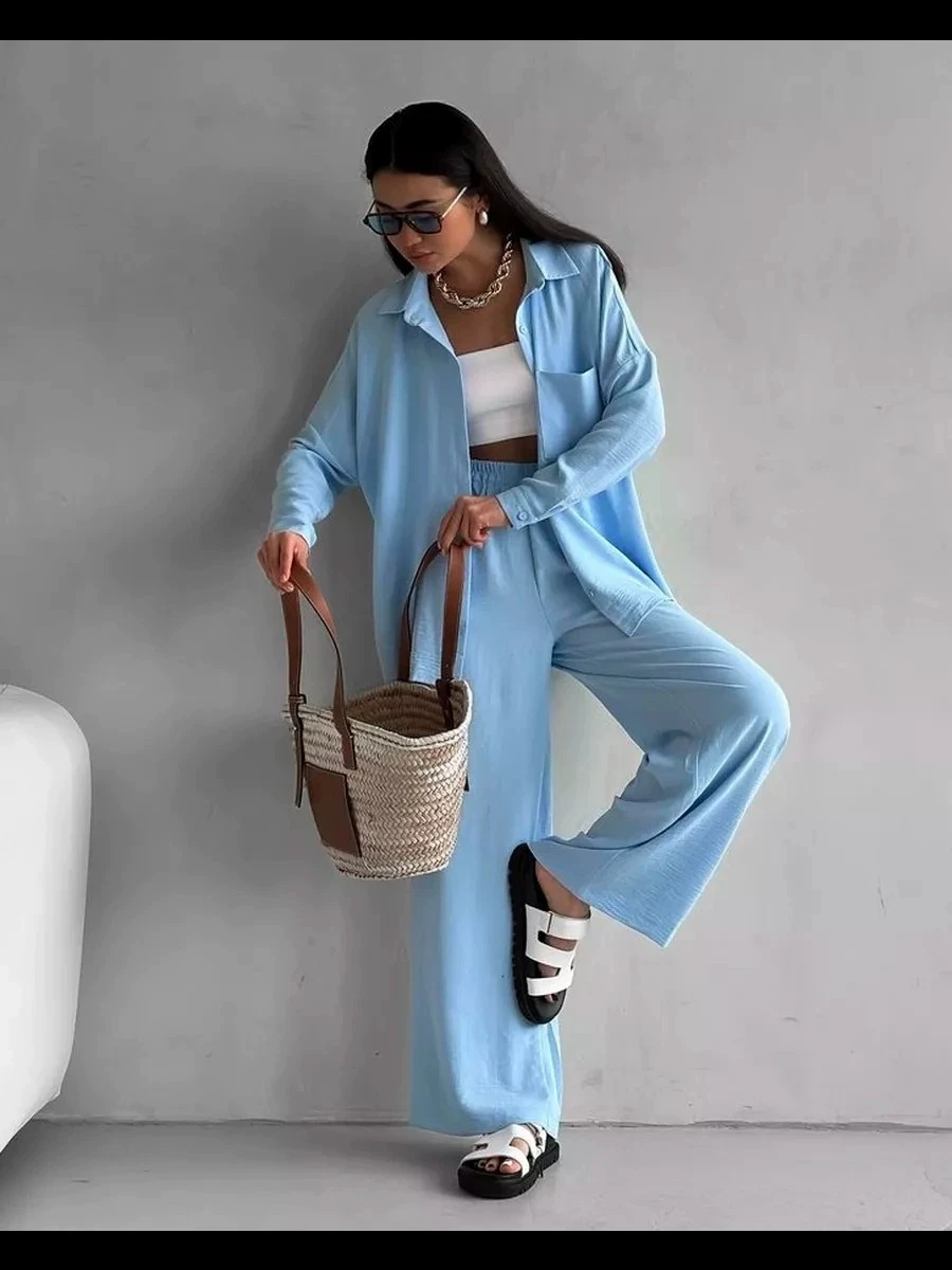 

2025 New Women Solid Color Cardigan Pocket Shirt Top Casual Wide-Leg Trousers Suit Spring Summer Women Loose Solid Two Peide Set