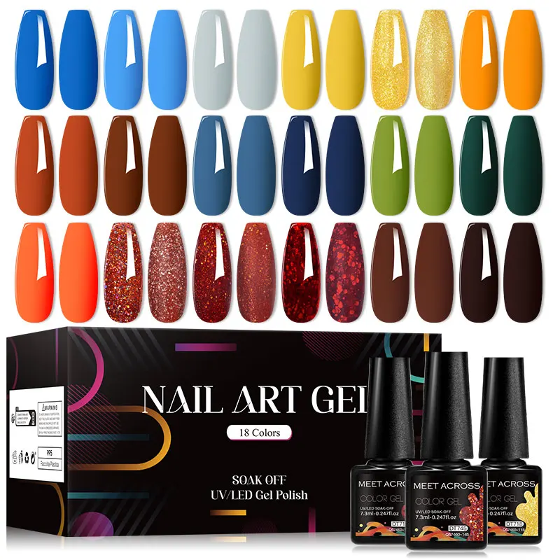 MEET ACROSS 18Pcs/Set Classic Colors Gel Nail Polish Glitter Sparkly Nail Art Semi Permanent UV Gel Varnishes Manicure For Nails