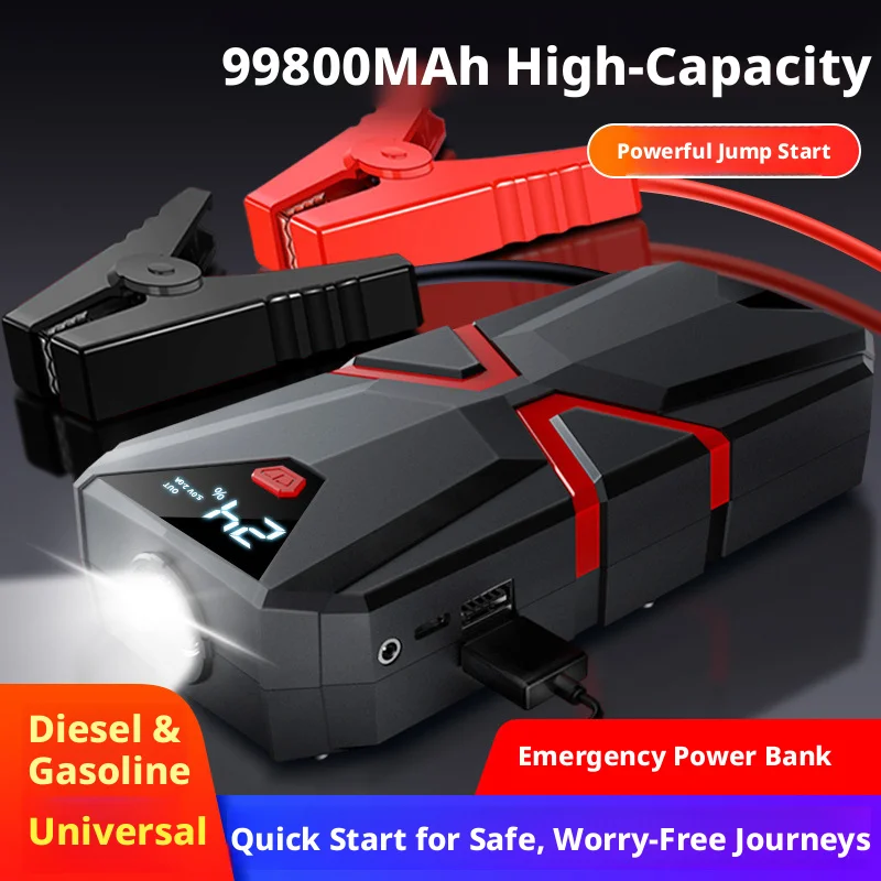 

1000A Car Jump Starter with Air Compressor Smart Safety Clamps Digital Tire Inflator Emergency Power Bank for Vehicle.