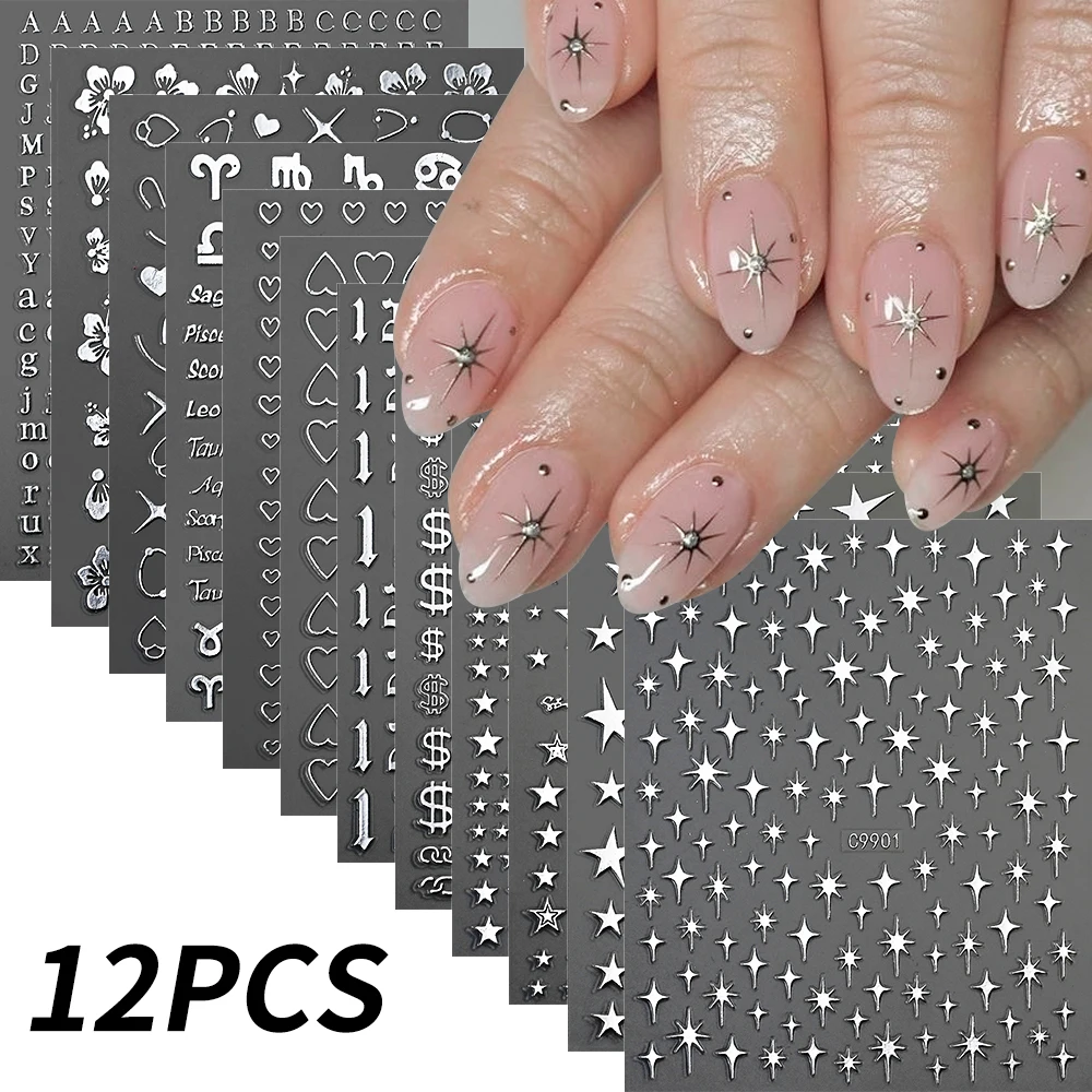 12 Stücke Laser 3D Stern Nail art Aufkleber Gold/Silber Anzahl/Buchstabe/Herz/Blume Design Holographische Slider Y2K Maniküre Dekor Aufkleber