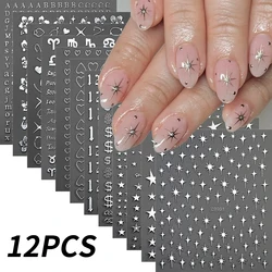 12Pcs Laser 3D Star Nail Art Stickers Gold/Silver Number/Letter/Heart/Flower Design Holographic Slider Y2K Manicure Decor Decals