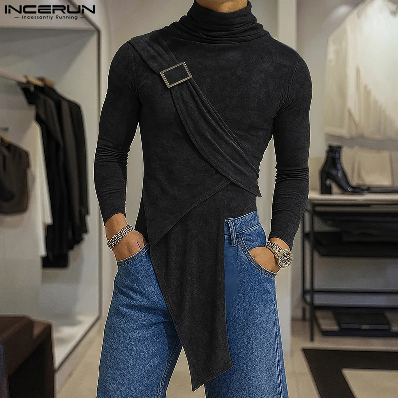 INCERUN الرجال تي شيرت بلون الياقة المدورة طويلة الأكمام محبوك عادية الذكور المحملة القمم الشارع الشهير 2025 موضة غير النظامية تي شيرت