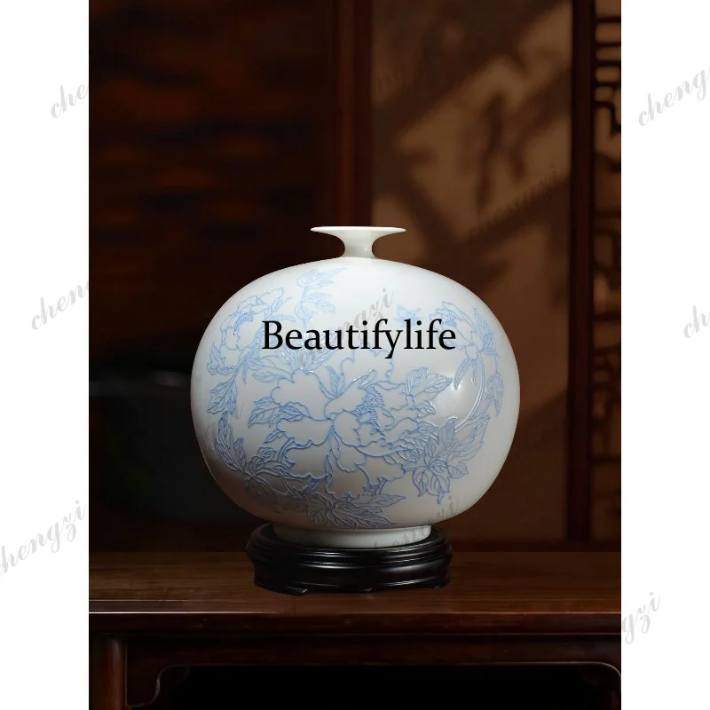 A95 "Flowers Bloom and Rich" ceramic vase ornament, hand-pulled line relief process, living room decoration