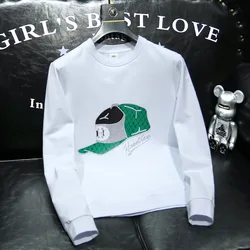 Round Collar Men's Pullover New Male Hoodies Personalized Hat Hot Diamond Print Fashionable Top Youth Bottoming Shirt Clothing