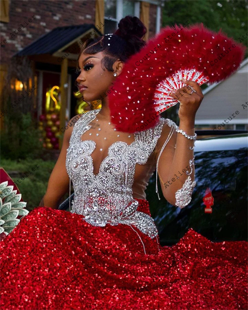 Hot Red Sequin Sliver Tassel Crystal Beading Mermaid Prom Dresses Birthday Dress For Black Girl Luxury 2024 Cocktail Dresses