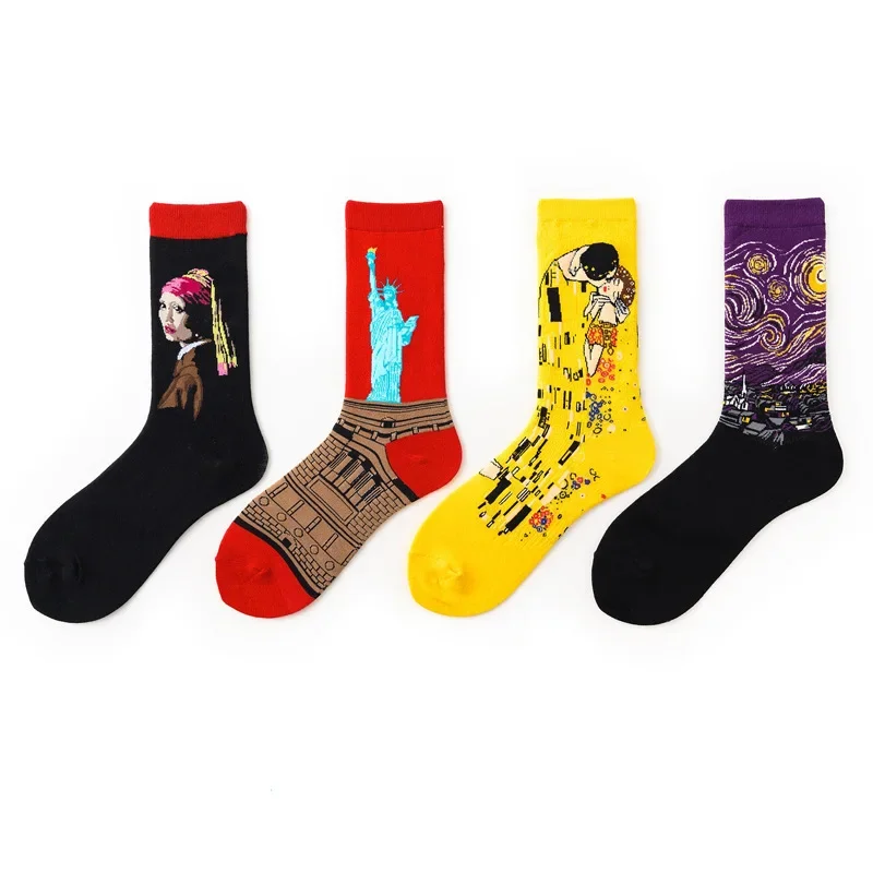 1 Paare/los Hohe Rohr Herbst Winter Kinder Spaß Männer/frauen Socken Cartoon Ölgemälde Lustige Hochwertige Casual sport Socken