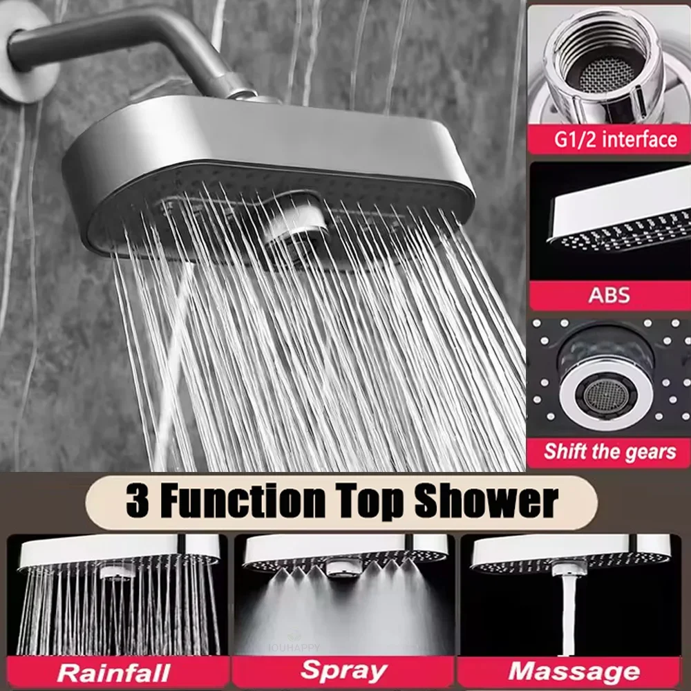 Overhead Shower Head, 3‑Function Rainfall Spray Massage Modes, Large Panel Easy‑Clean Nozzle for Home Hotel Bathroom Accessory