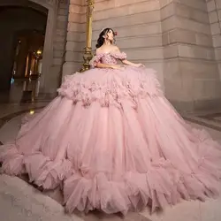 Customized Pink Quinceanera Dresses Ball Gown Off The Shoulder Beading Crystal Tull Tiered Corset Party Birthday Sweet 16 Vestid