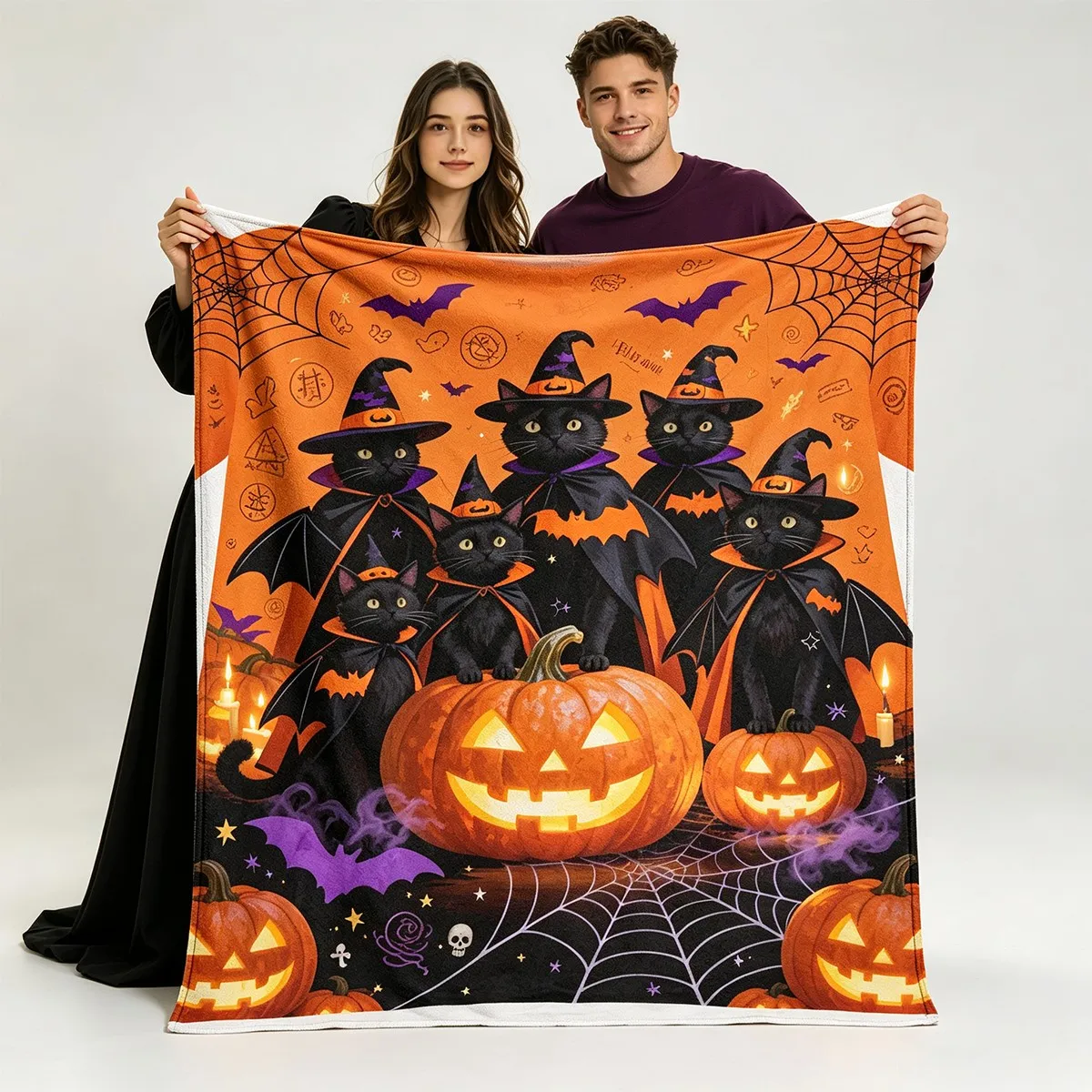 Newest Halloween Witch Black Cat Jack O Lantern Spider Web Flannel Throw Blanket, Spooky Holiday Blanket for Party Home Decor