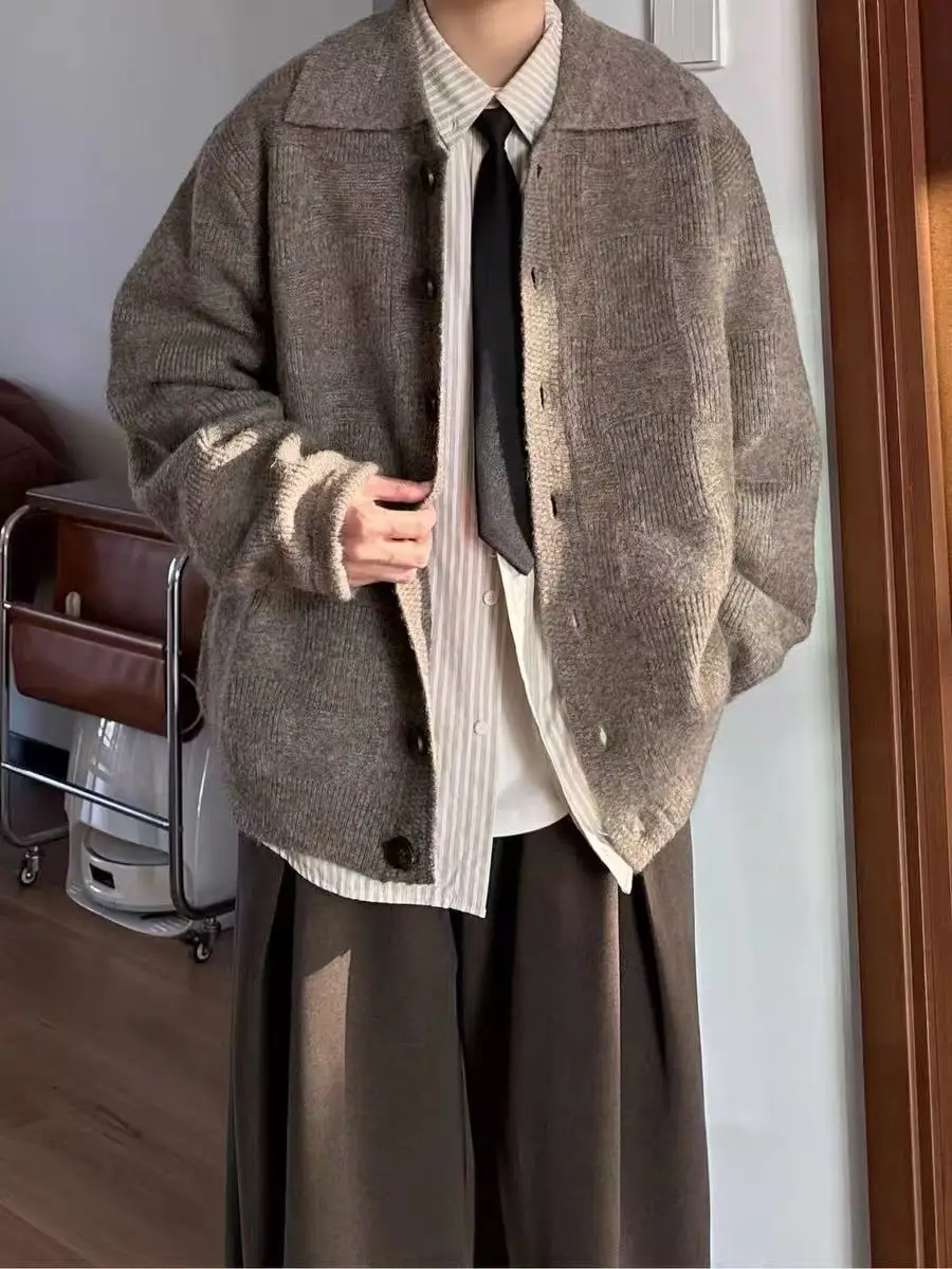 

Retro Japanese Sle Loose Fit Knitted Cardigan Sweater Men's Ch Board Pattern Open Front Long Sve Top for Autumn