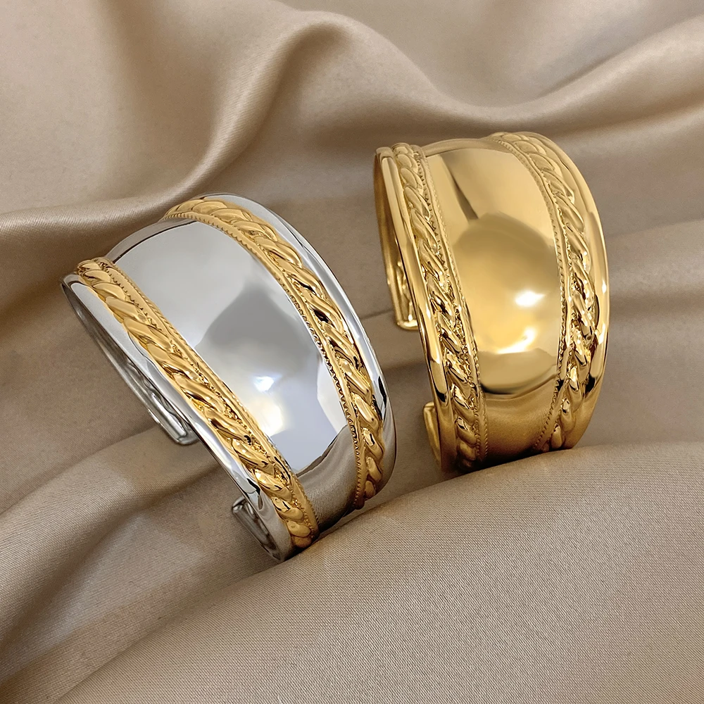 

DODOHAO Vintage Smooth Surface Stainless Steel Wide Bracelets For Women Exaggerated Geometry Chunky Open Bangle Cuff Bracelet