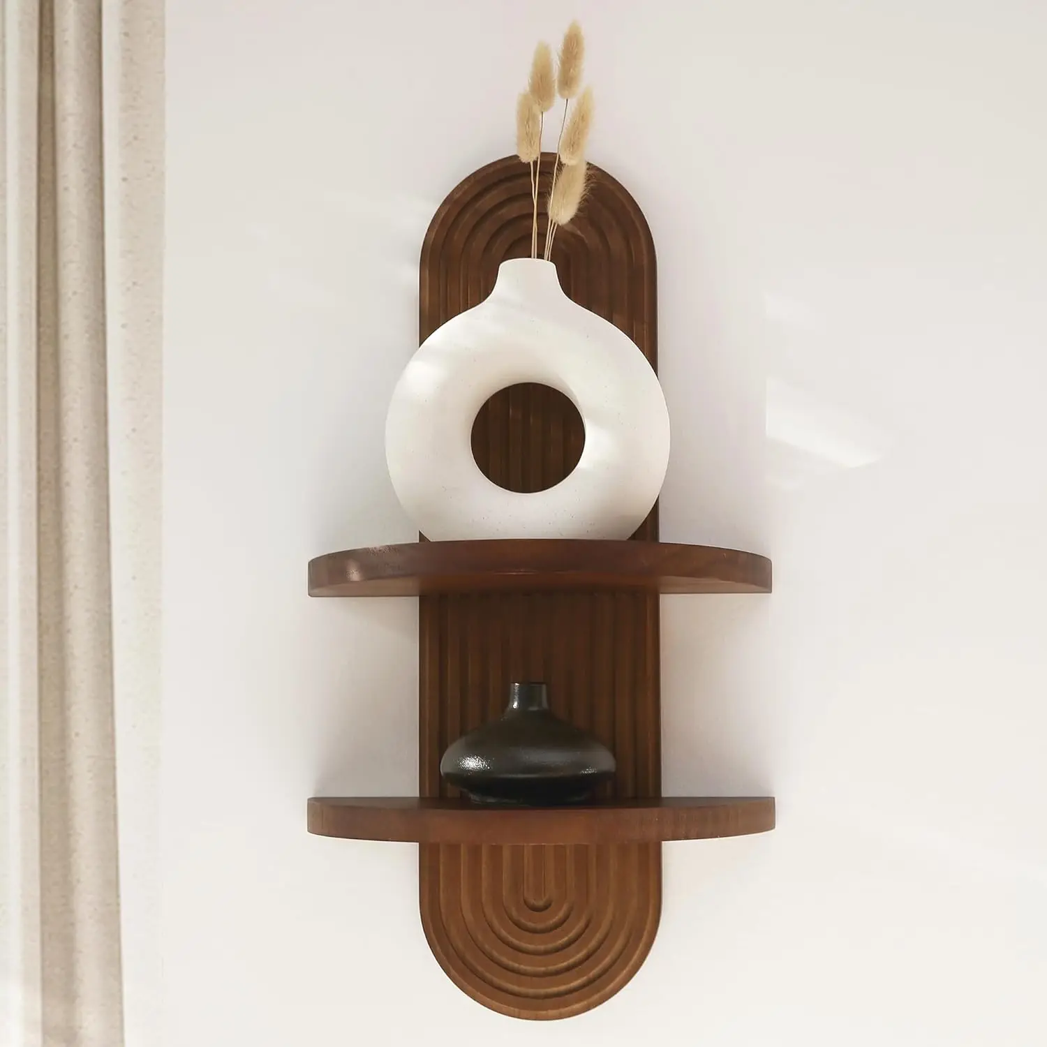 Modern Wall Shelf with Arched Wood Design Mid-Century Double Floating Rainbow Shelves for Indoor Decoration Holding P