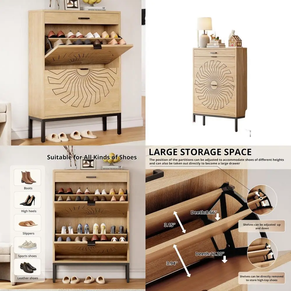 

Sunflower Design Flip Drawer Shoe Cabinet, Freestanding Organizer for Entryways and Living Spaces