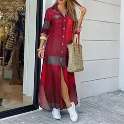 Spring And Autumn Women's Fashion Checker Print Long Shirt Dress Casual Polo Neck Long Sleeve Loose Single Breasted Pocket Dress