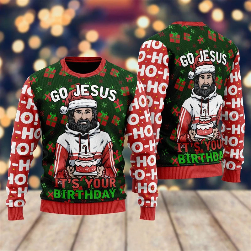 Christmas Santa Claus Jesus Cartoon Anime Men Sweatshirt Retro Ugly Sweater 3D Print Harajuku Y2k Pullover Casual Unisex Clothes