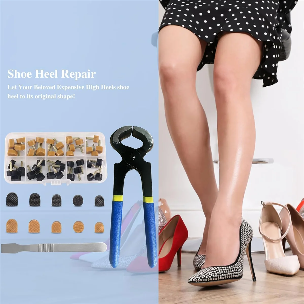 40 PCS Of Heel Caps in 2 Colors With Removal Pliers Round And U Shape Repair Toolbox High Heel Replacement Tips Shoe Heel Repair