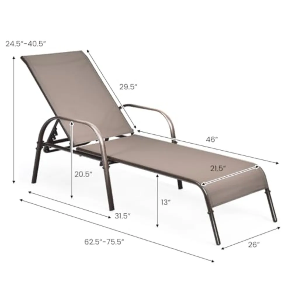 Patio Lounge Chair with 5 Adjustable Backrest, Brown | Outdoor Chaise Lounge with Sturdy Steel Frame, Sunbathing