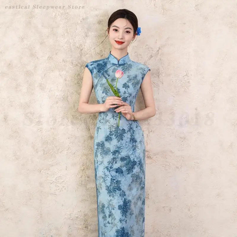 

Sexy Exquisite Long Cheongsam Oriental Vintage Mandarin Collar Qipao Chinese Style Evening Party Dress Female Elegant Gown 3XL