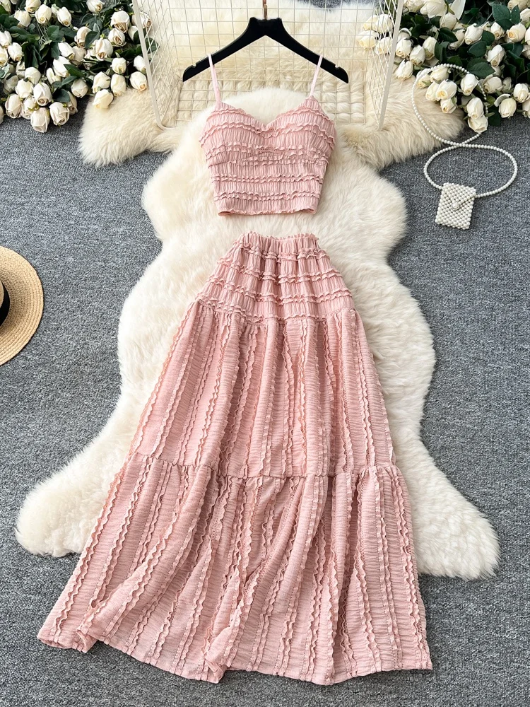 Ele Sommer-Damen-Zweiteiler-Set, hohe Taille, drapierter Rock, schmale Passform, Tank-Top mit Holz, lässiges Faion-Ensemble