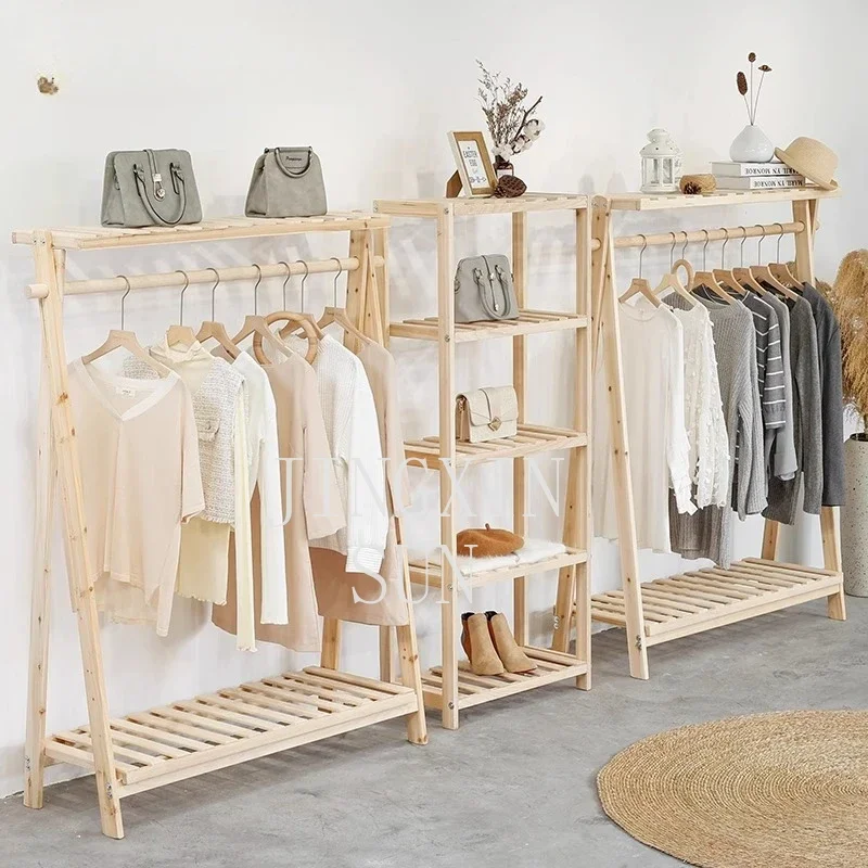 Clothing store retro women's clothing hanger high-end shelf solid wood floor display rack