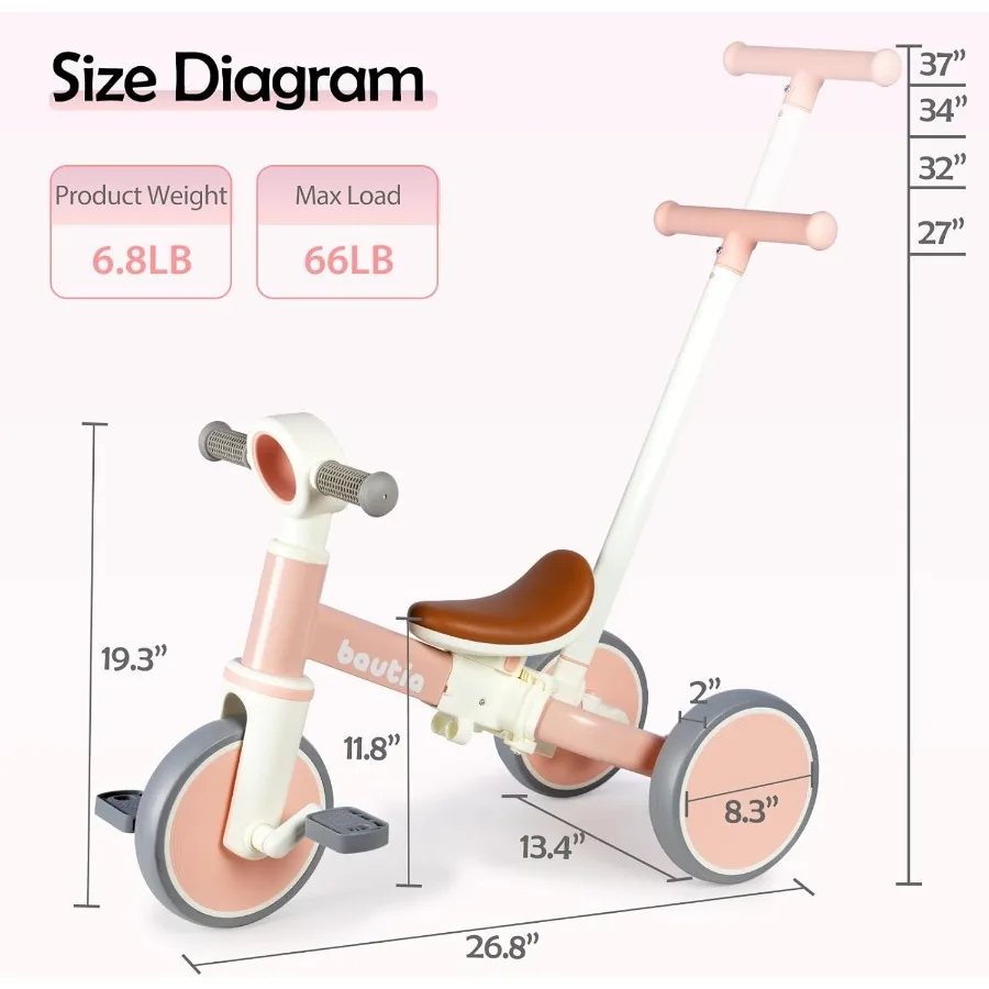 รถสามล้อสำหรับเด็กวัยหัดเดิน 1-3 ขวบ พร้อมที่จับสำหรับเข็น 5 in 1 จักรยานทรงตัวสำหรับเด็กอายุ 1-4 ปี ของเล่นสำหรับเด็กชายและเด็กหญิง ของขวัญพร้อมแป้นถีบที่ถอดออกได้
