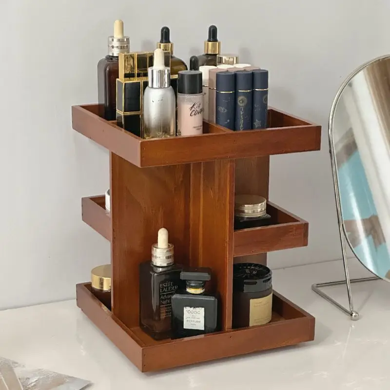 Vintage rotating table storage shelf Solid wood dresser bedroom desktop Cosmetics skin care lipstick perfume finishing box shelf