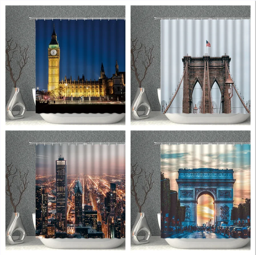 

Пейзажная занавеска для душа Биг Бен Золотые ворота Мост Великобритания США Строительный пейзаж Шторы для ванной Водонепроницаемая ткань Декор для экрана ванной комнаты
