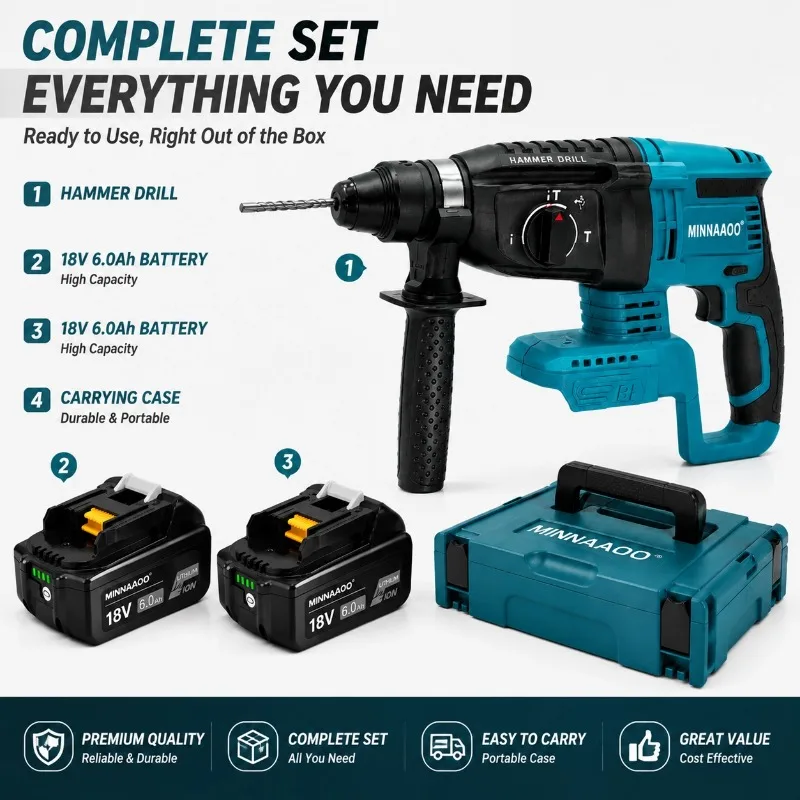 MINNAAOO Rotary Hammer Drill with 18V 6.0Ah Battery 3 Mode Electric Power Tool Set with Case for Makita