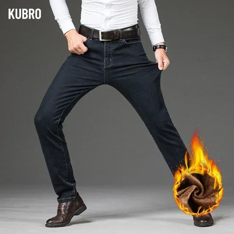 KUBRO Autumn Winter Fleece Warmth Jeans Men New Cotton Stretch Business Casual Blue Black Straight Trousers Male Plus Size 28 46