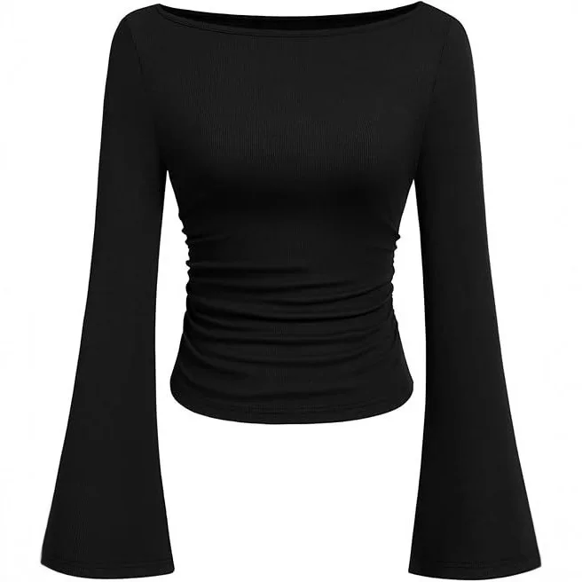 Women's Long Sleeve T-Shirt Horn Sve Style Bell Sleeve Gathered Pure Color Slim Fit Autumn Fashion Ladies' Tee with Chest Pad