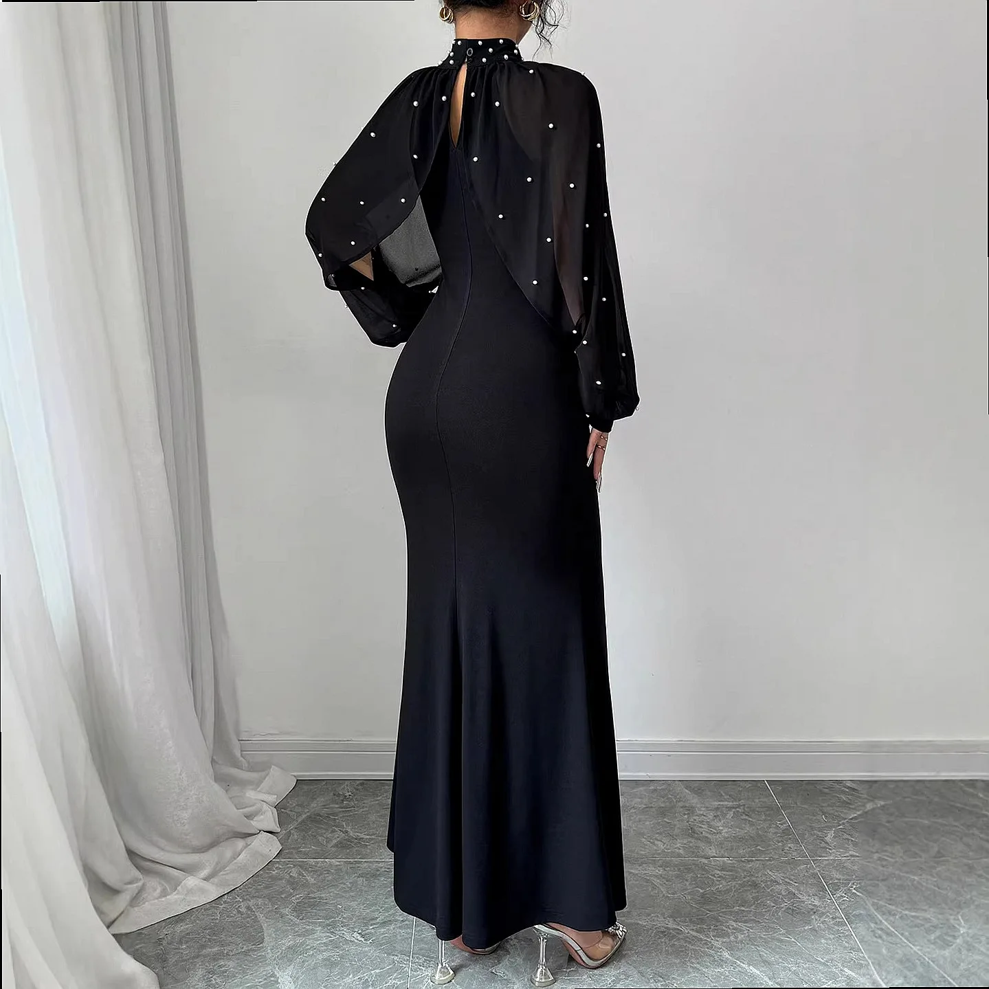 Elegant High Neck Mesh Rhinestone Long Sleeve Waist Fishtail Long Evening Dress Dresses Spring Summer Matching Set