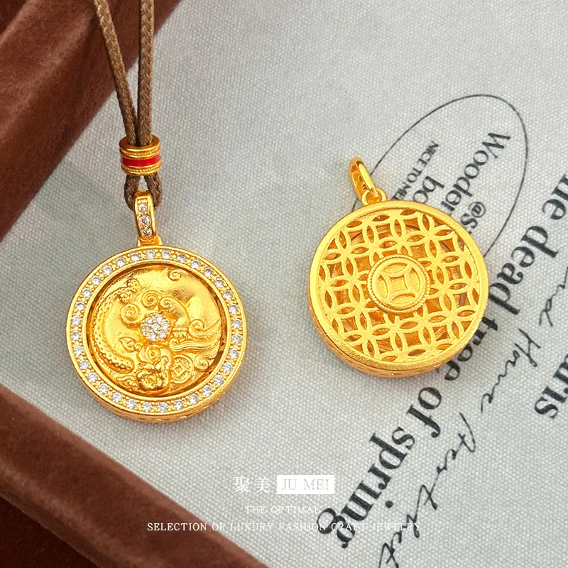 2025 تصميم ضوء فاخر 9999 نقطة الماس الدورية النحاس عملة Pixiu البوصلة 24K حلية ذهبية حقيقية سترة سلسلة قلادة #4