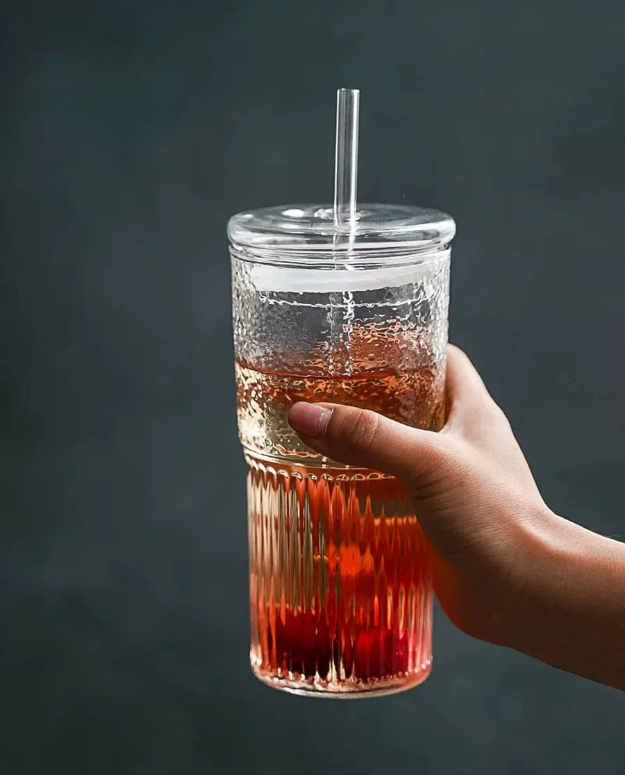 600ml Large Capacity High-temperature Resistant Striped Glass Cup with Transparent Lid Straw Drinking Cup Juice Cup